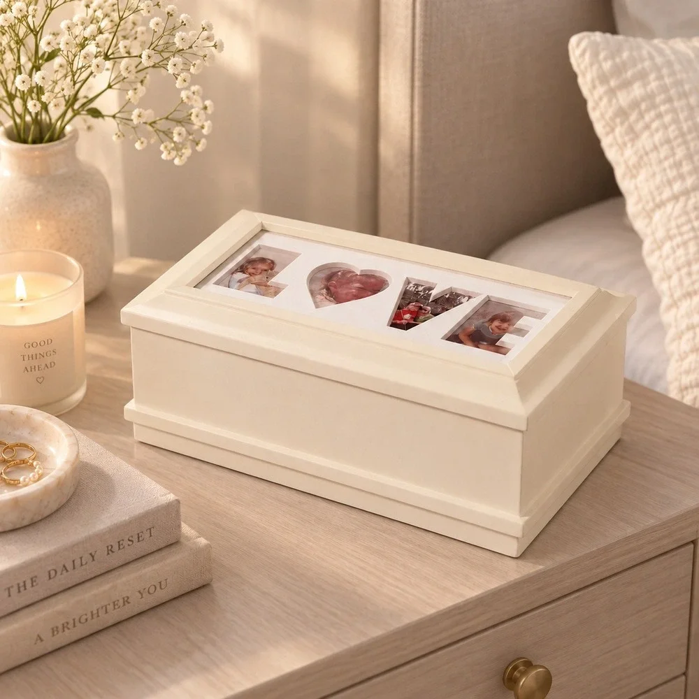 Always & Forever White Wooden Jewelry Box Photo Frame Lid Love Hope Stencil VTG